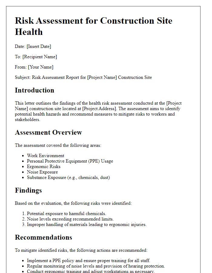 Letter template of risk assessment for construction site health