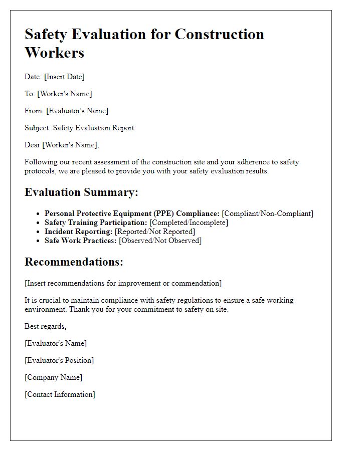 Letter template of safety evaluation for construction workers