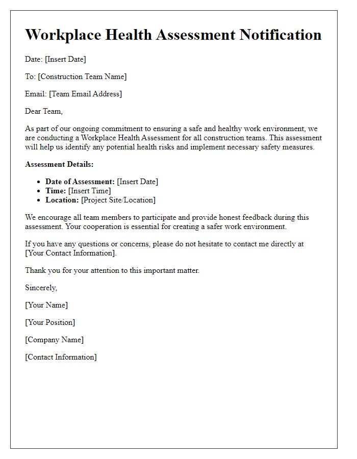 Letter template of workplace health assessment for construction teams