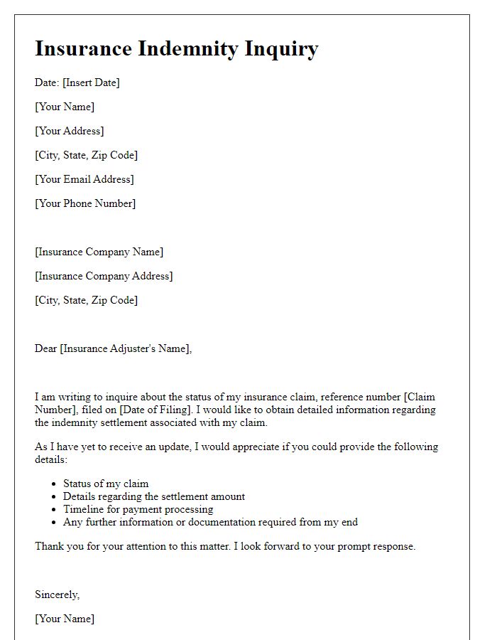 Letter template of insurance indemnity inquiry for settlement details