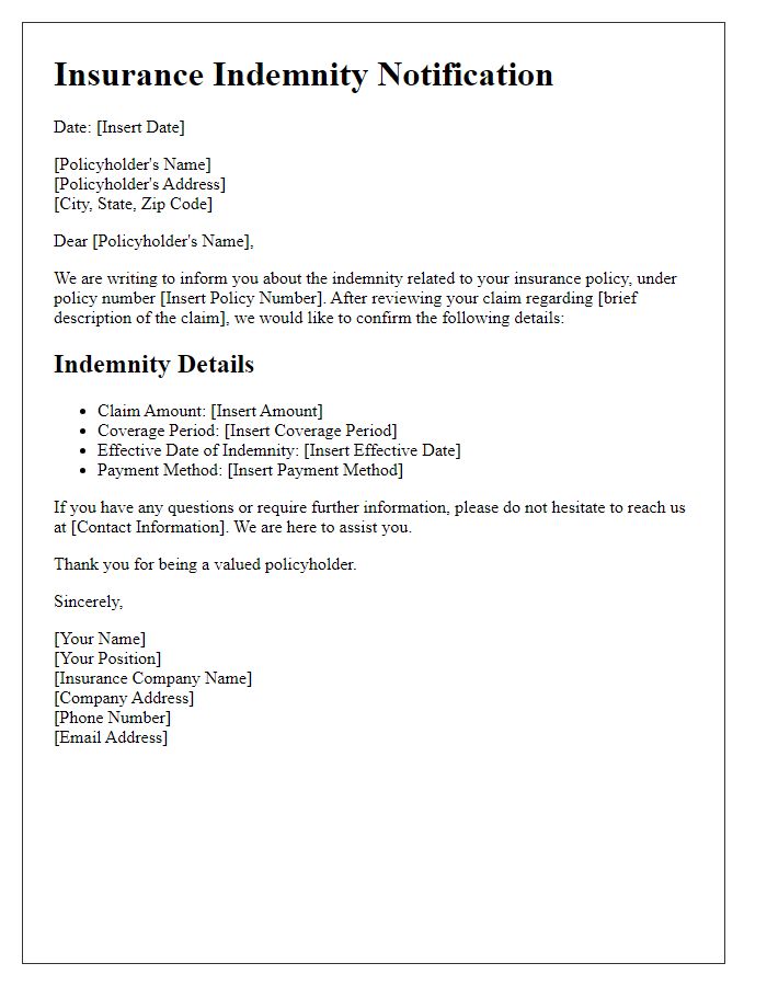 Letter template of insurance indemnity notification for policyholder