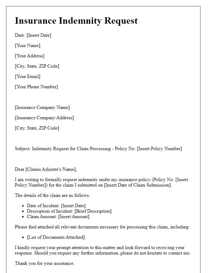 Letter template of insurance indemnity request for claim processing