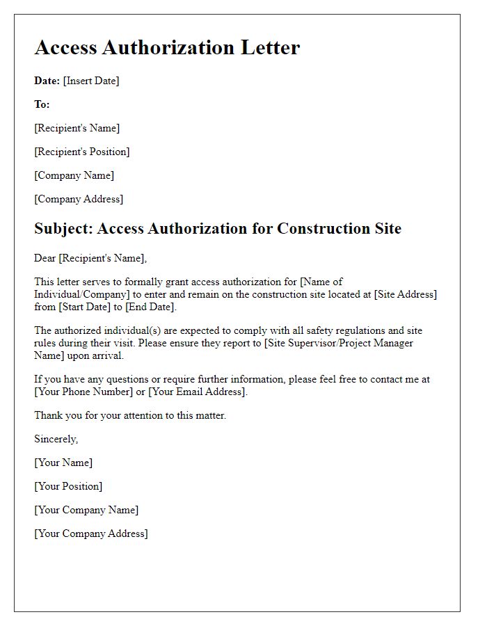 Letter template of Access Authorization for Construction Site