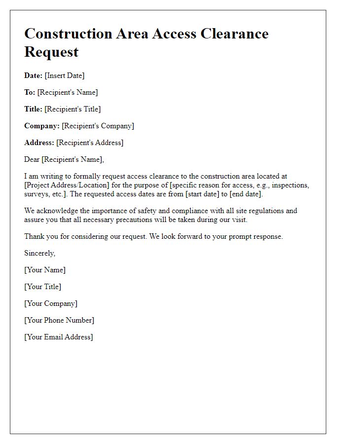 Letter template of Construction Area Access Clearance Request