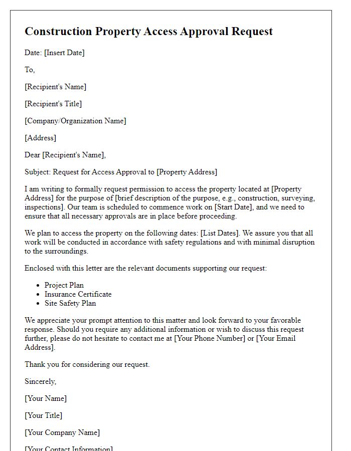 Letter template of Construction Property Access Approval Request