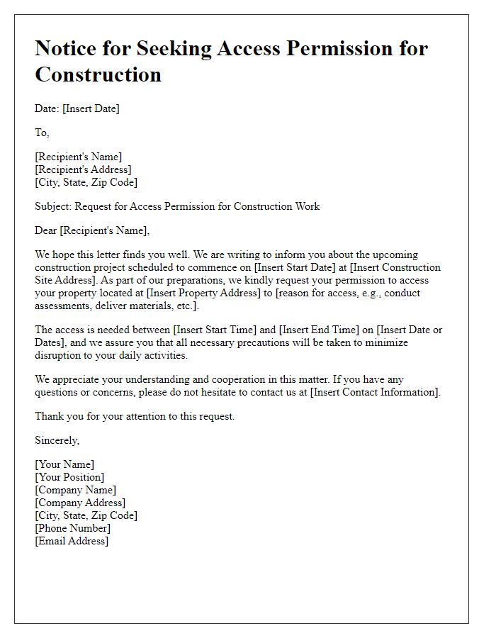 Letter template of Notice for Seeking Access Permission for Construction