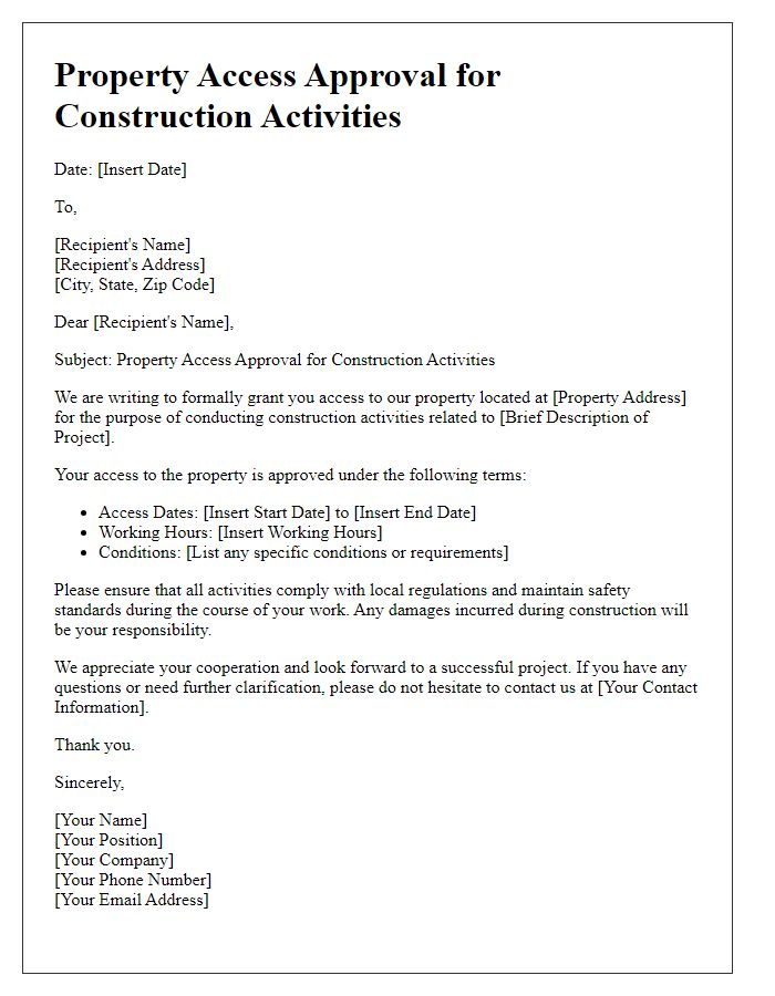 Letter template of Property Access Approval for Construction Activities