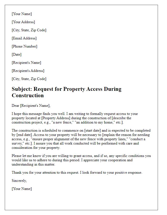 Letter template of Request for Property Access During Construction