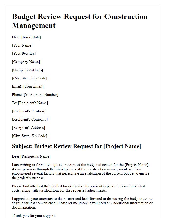 Letter template of budget review request for construction management.