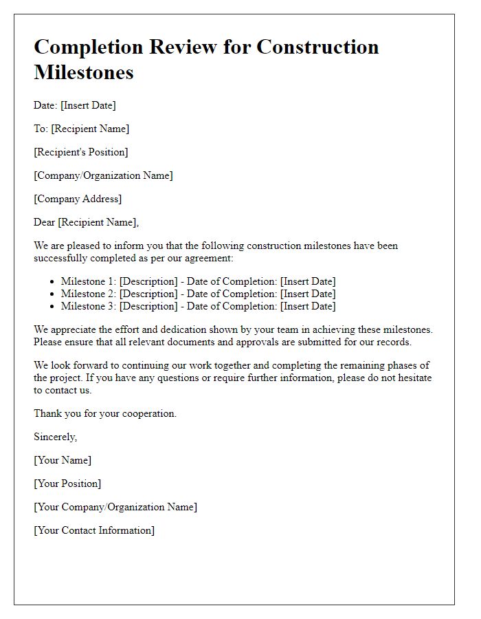 Letter template of completion review for construction milestones.