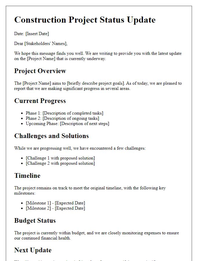 Letter template of construction project status update for stakeholders.