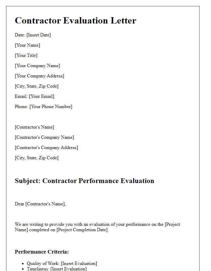 Letter template of contractor evaluation in project management.