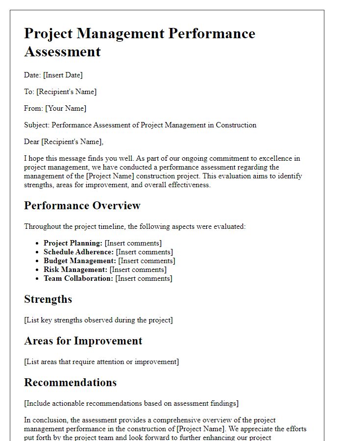 Letter template of project management performance assessment for construction.