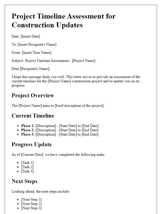 Letter template of project timeline assessment for construction updates.