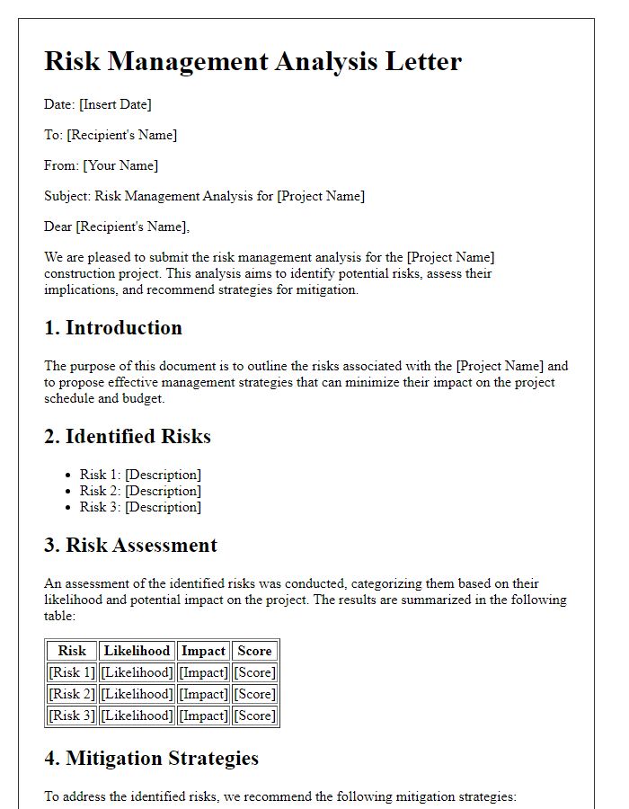 Letter template of risk management analysis for construction projects.