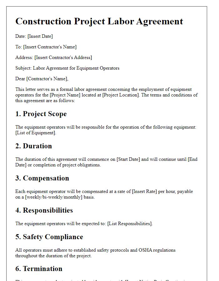 Letter template of Construction Project Labor Agreement for Equipment Operators