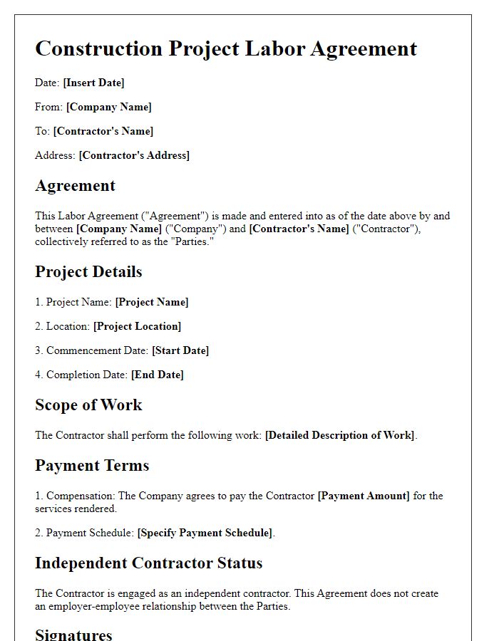 Letter template of Construction Project Labor Agreement for Independent Contractors