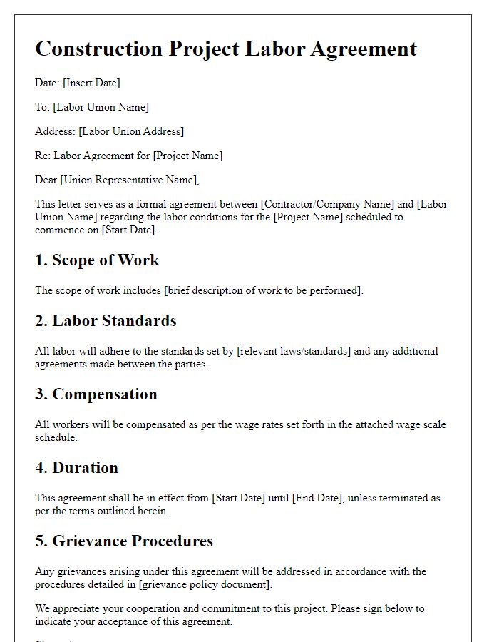 Letter template of Construction Project Labor Agreement for Labor Unions