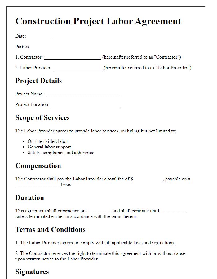 Letter template of Construction Project Labor Agreement for On-Site Services