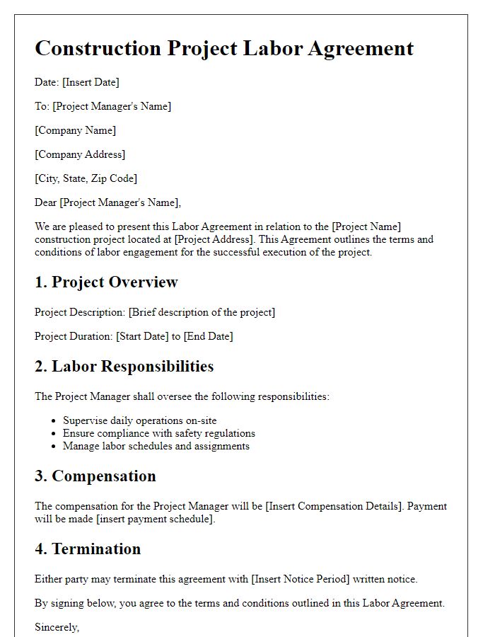 Letter template of Construction Project Labor Agreement for Project Managers