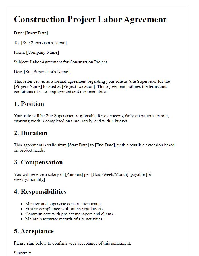 Letter template of Construction Project Labor Agreement for Site Supervisors