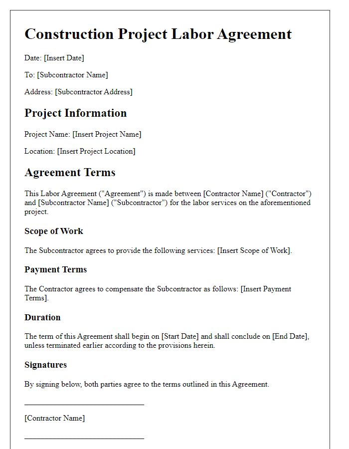 Letter template of Construction Project Labor Agreement for Subcontractors