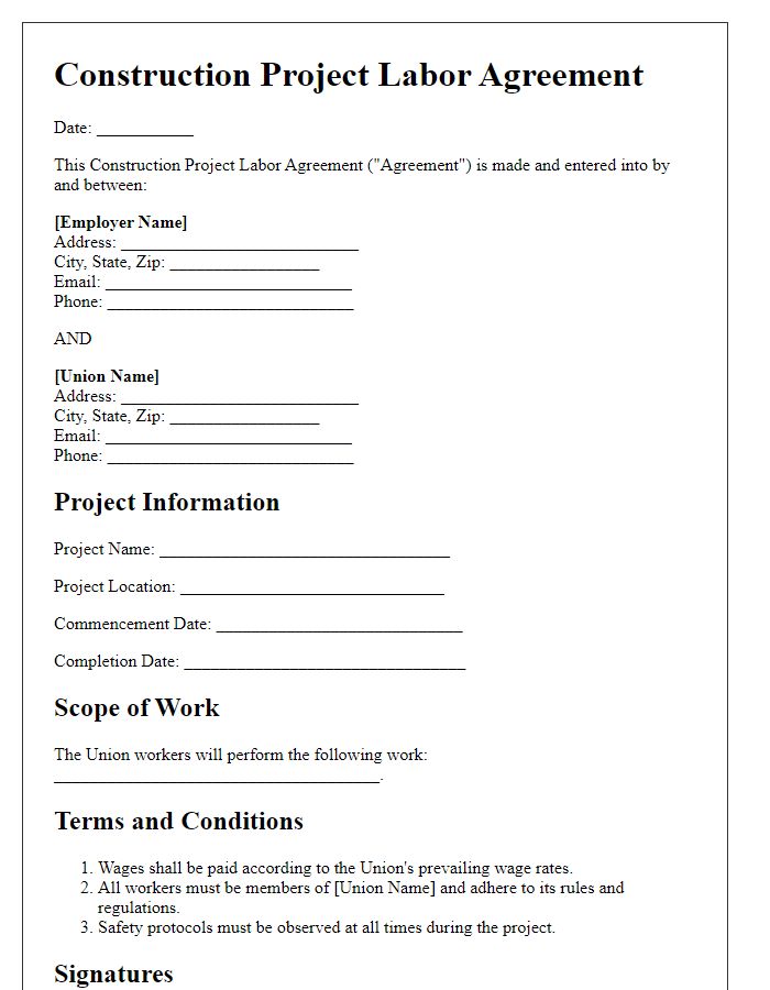 Letter template of Construction Project Labor Agreement for Union Workers