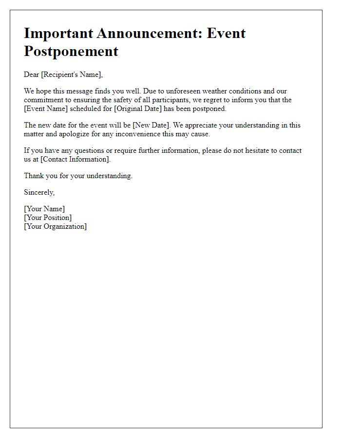 Letter template of announcement regarding postponement due to weather factors