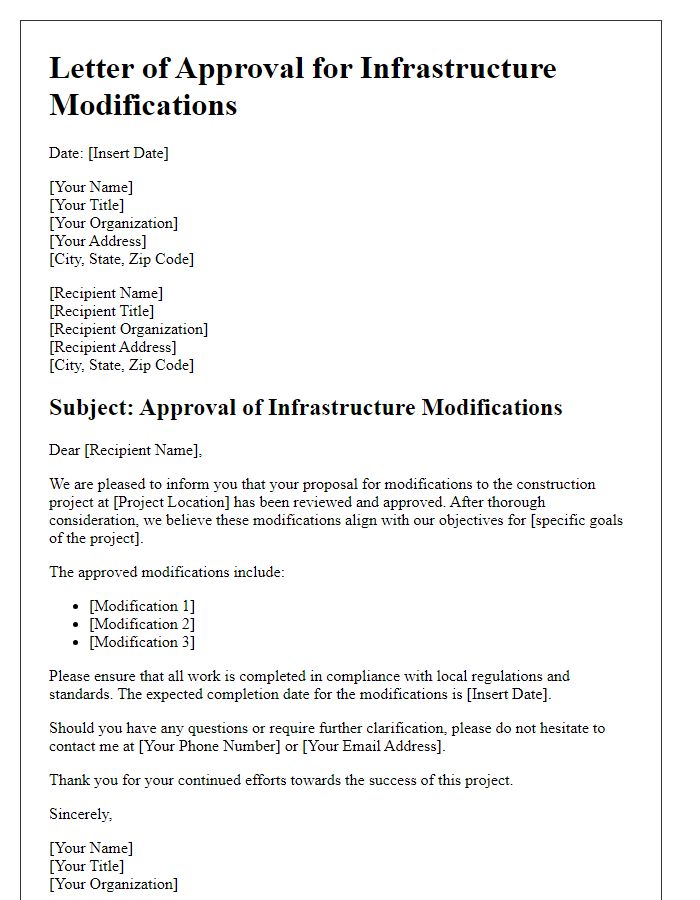 Letter template of approval for construction project infrastructure modifications