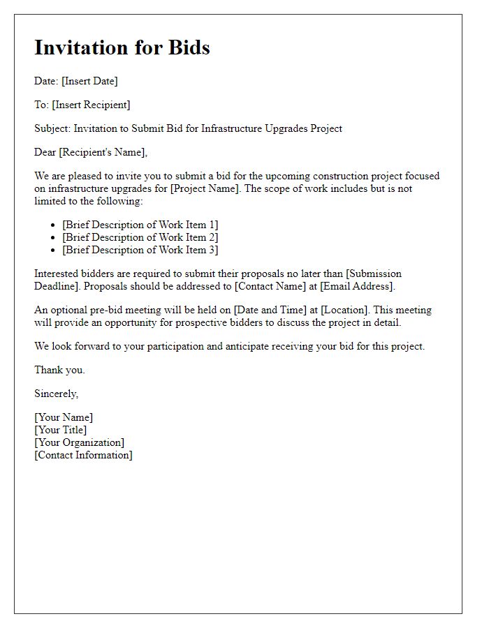 Letter template of invitation for bids on construction project infrastructure upgrades