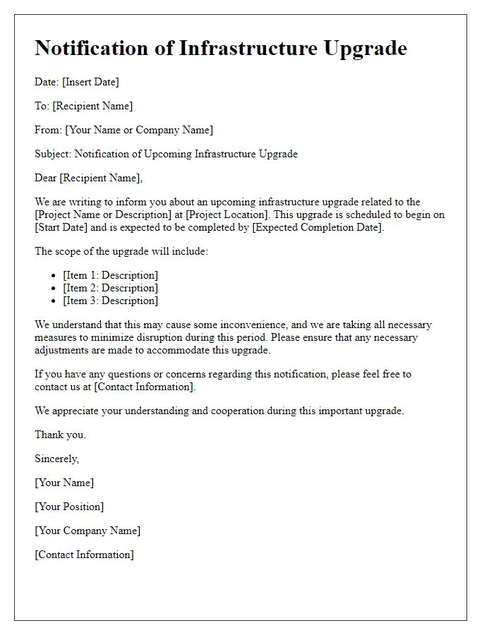 Letter template of notification for infrastructure upgrade in construction project