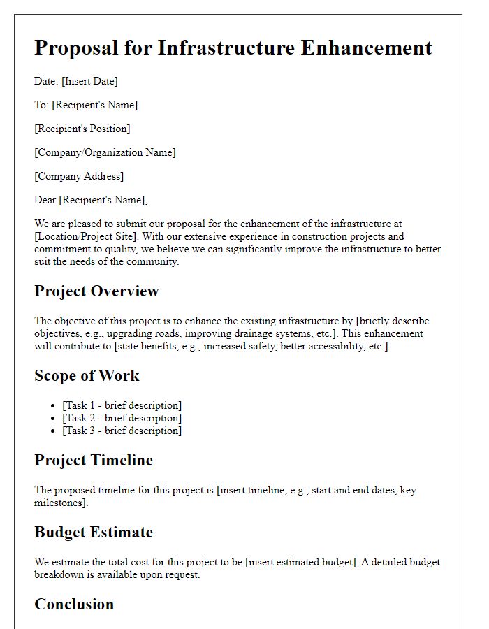 Letter template of proposal for construction project infrastructure enhancement