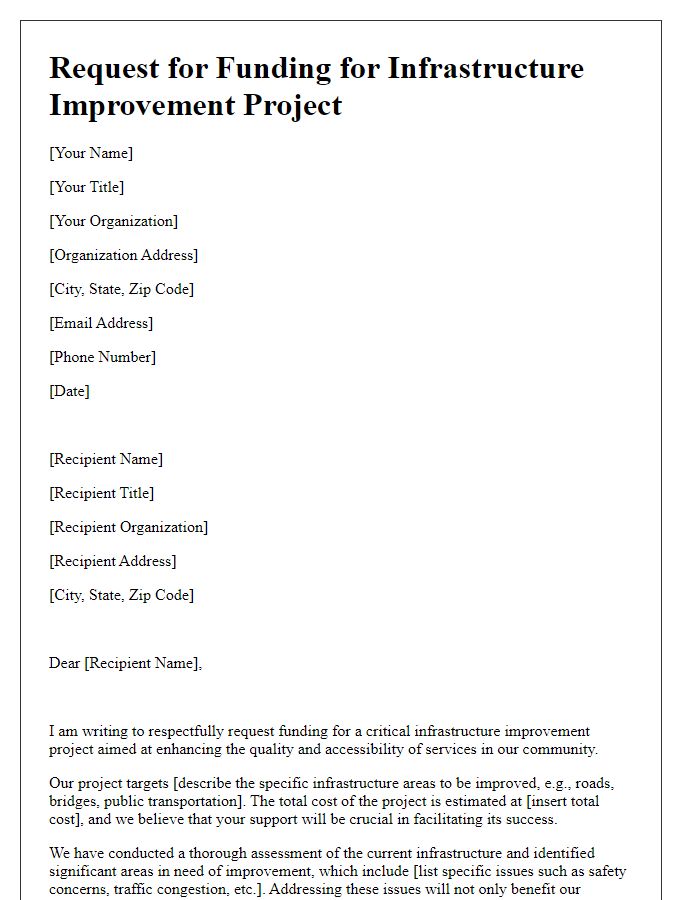 Letter template of request for funding for construction project infrastructure improvement