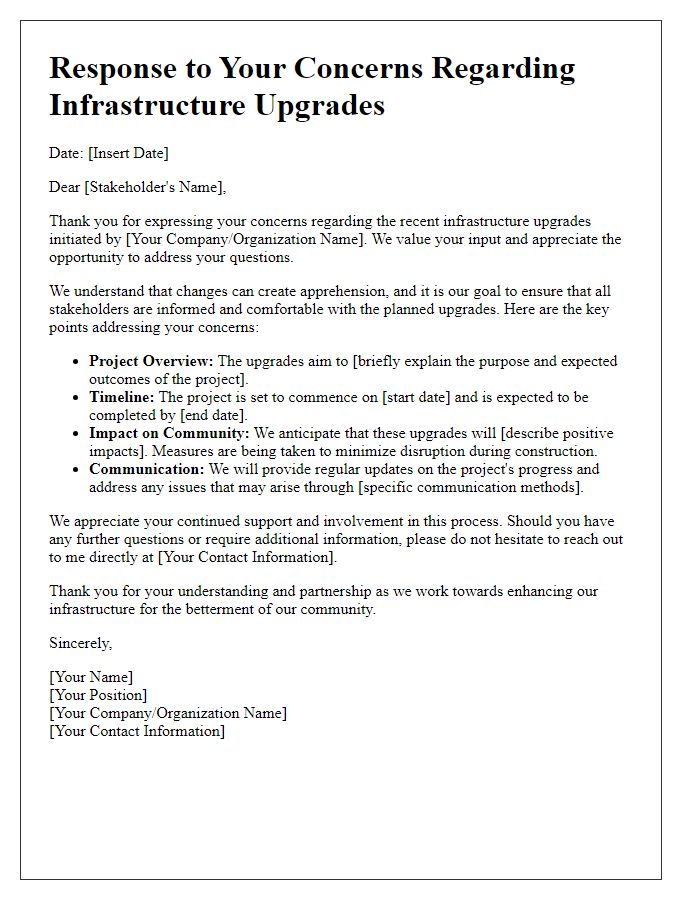 Letter template of response to stakeholder concerns regarding infrastructure upgrades