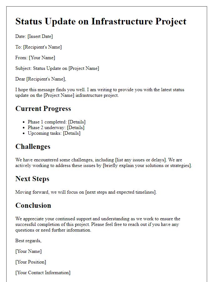 Letter template of status update on infrastructure project construction efforts