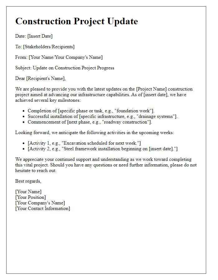 Letter template of update for construction project infrastructure advancement