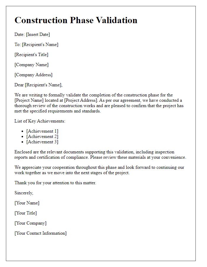 Letter template of construction phase validation