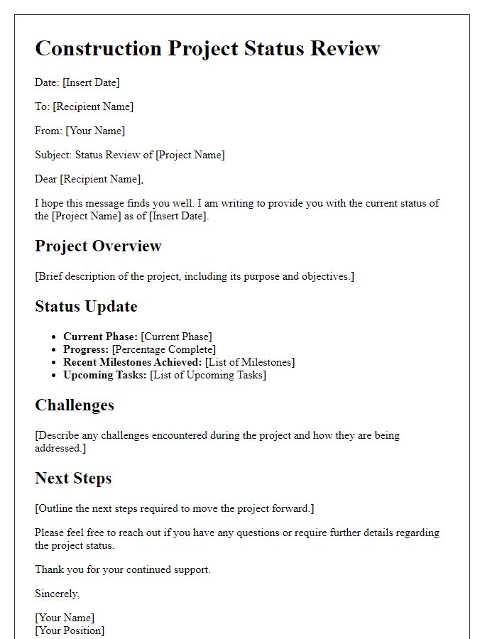 Letter template of construction project status review