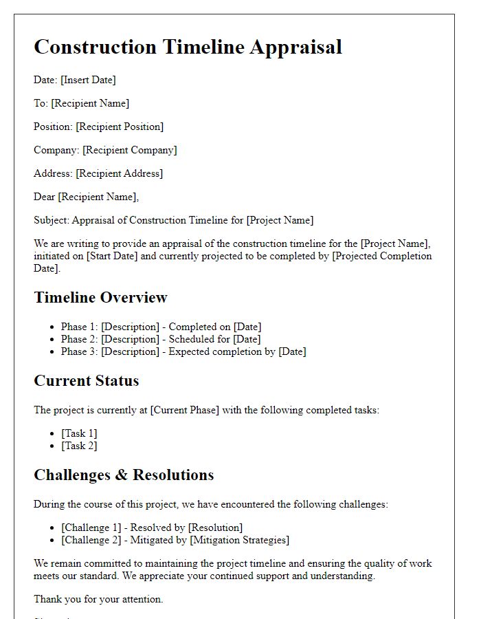 Letter template of construction timeline appraisal