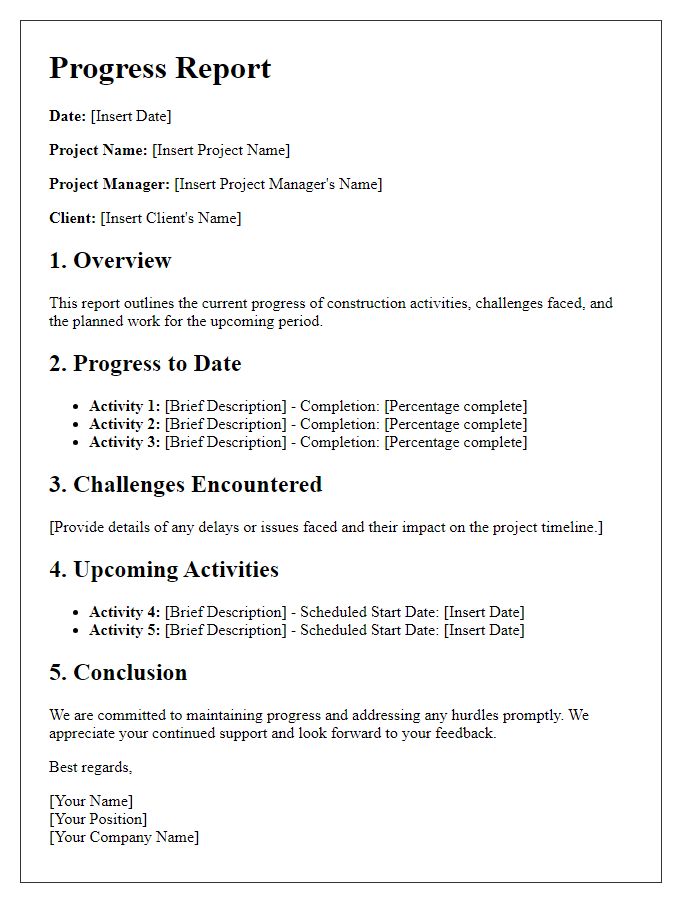 Letter template of progress report for construction activities