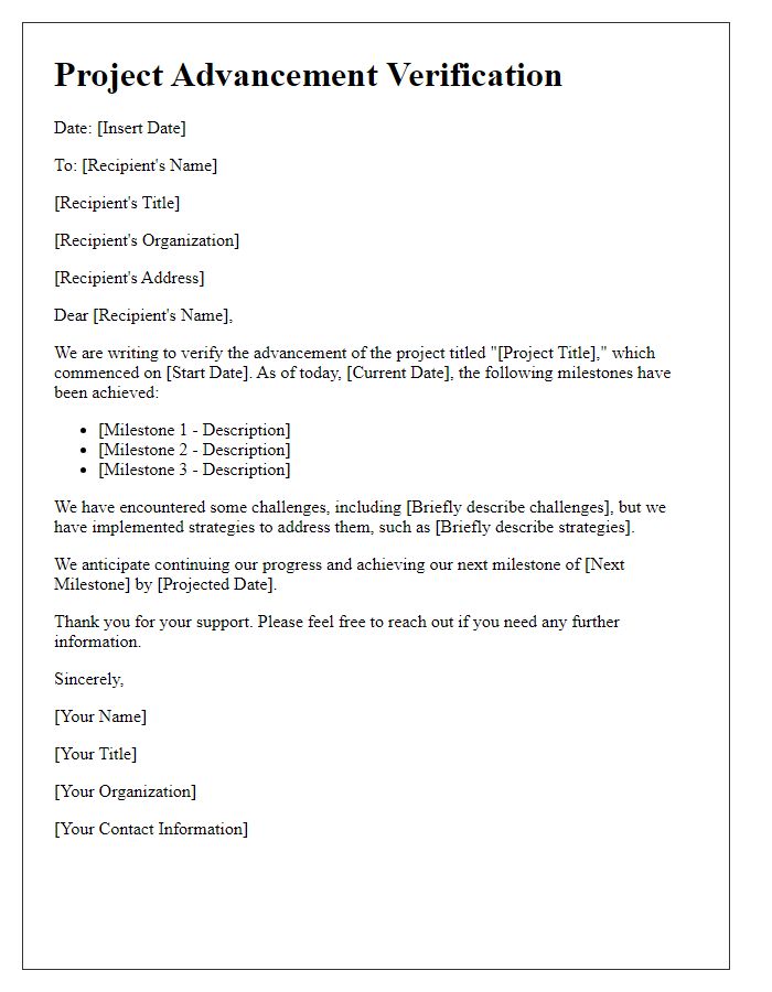 Letter template of project advancement verification