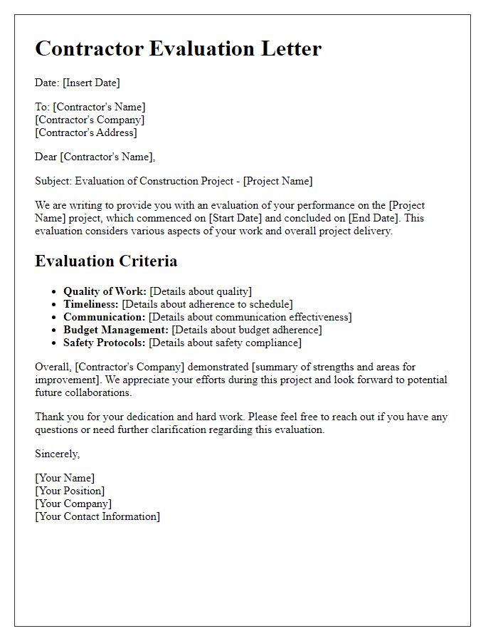 Letter template of construction project contractor evaluation