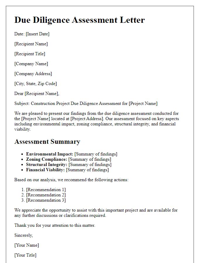 Letter template of construction project due diligence assessment