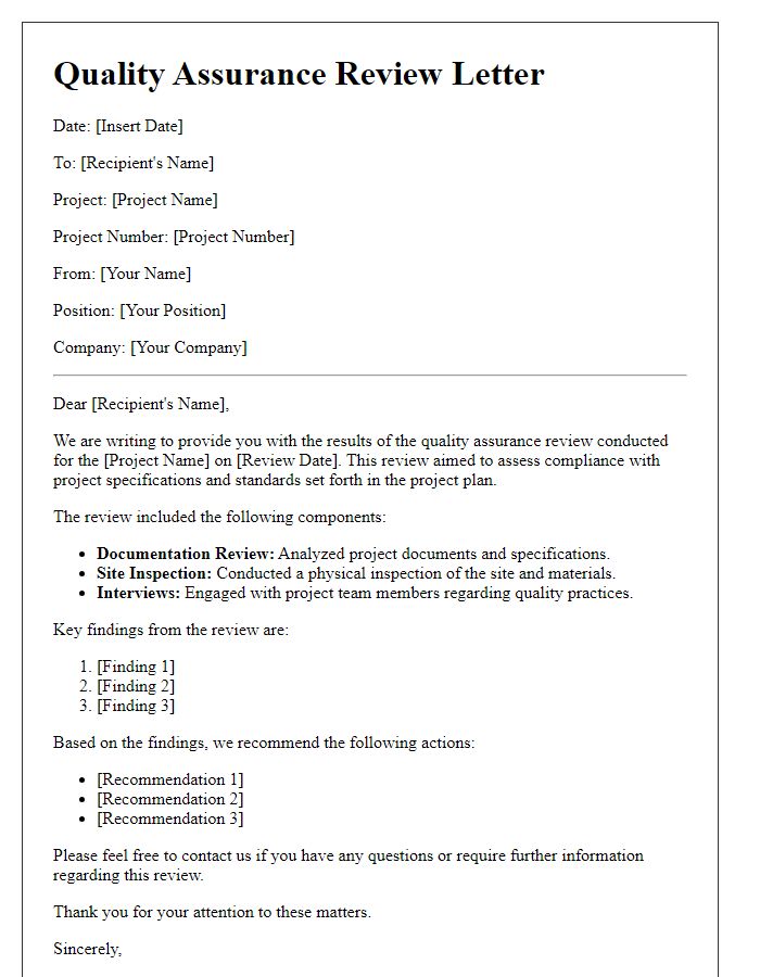 Letter template of construction project quality assurance review