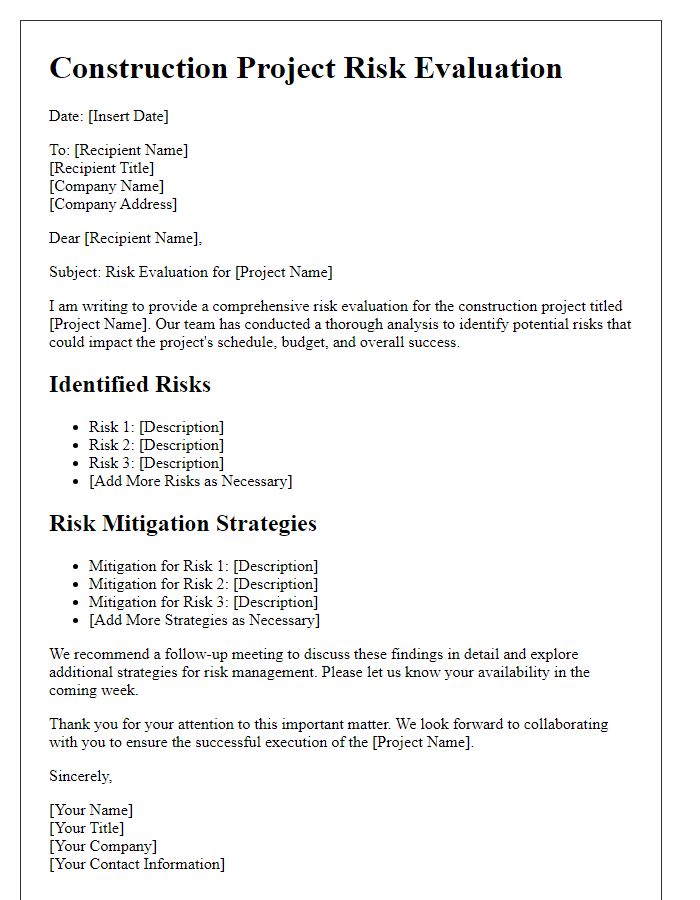 Letter template of construction project risk evaluation