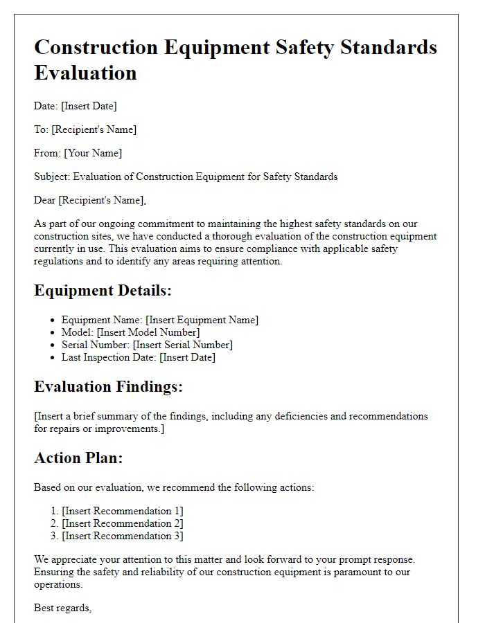 Letter template of construction equipment evaluation for safety standards.