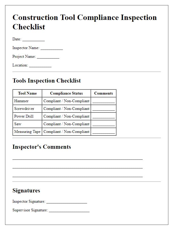 Letter template of construction tool compliance inspection checklist.