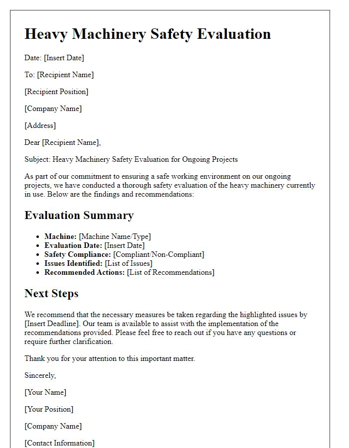 Letter template of heavy machinery safety evaluation for ongoing projects.