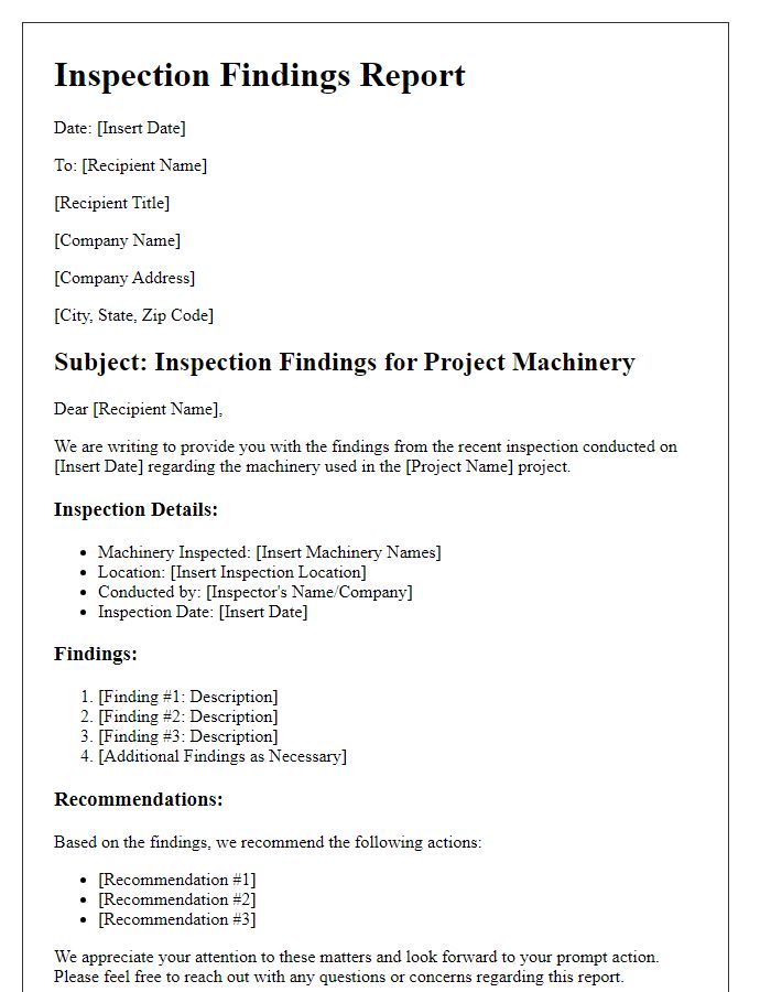 Letter template of inspection findings for project machinery.