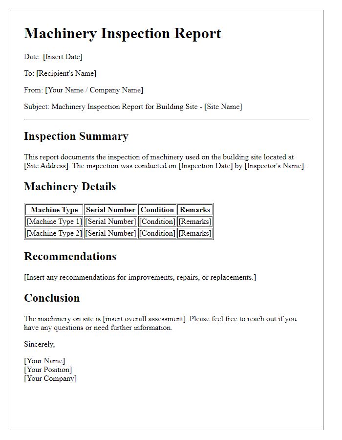 Letter template of machinery inspection report for building site.